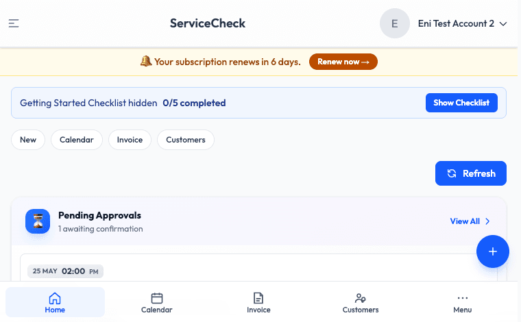 ServiceCheck admin dashboard showing live operations